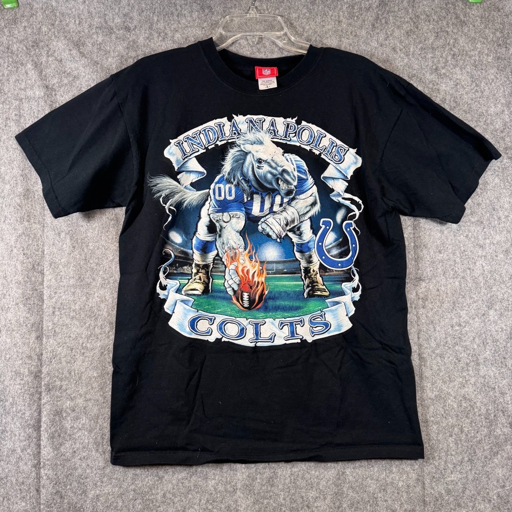Vtg Y2K NFL Indianapolis Colts Shirt Mens L Mascot Flaming Football Black USA